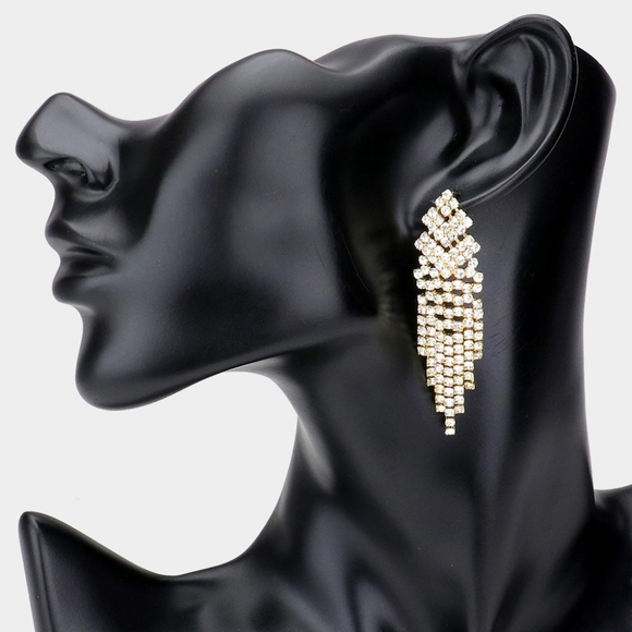 Fringe Gold Crystal Dangle Earrings 2.25" Tassel Formal Statement Accessory - Picture 1 of 2